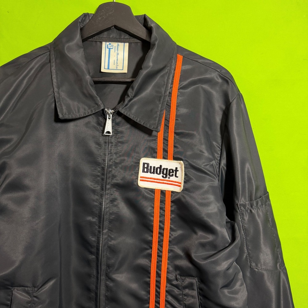 Vintage 80s Budget Rent a Car Jacket Large Modern Headwear Ltd Navy Blue Zip Up